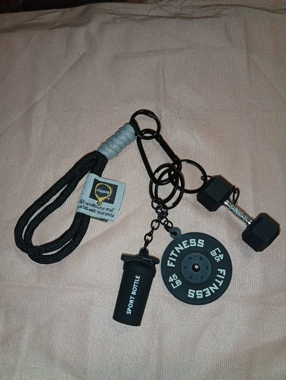 Unbranded Black Fitness Keychain Set with Dumbbell & Bottle Charms